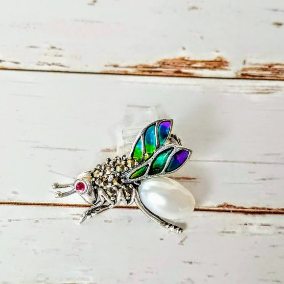 Pearl & Marcasite Silver Bee Pin - Picture 5 of 6